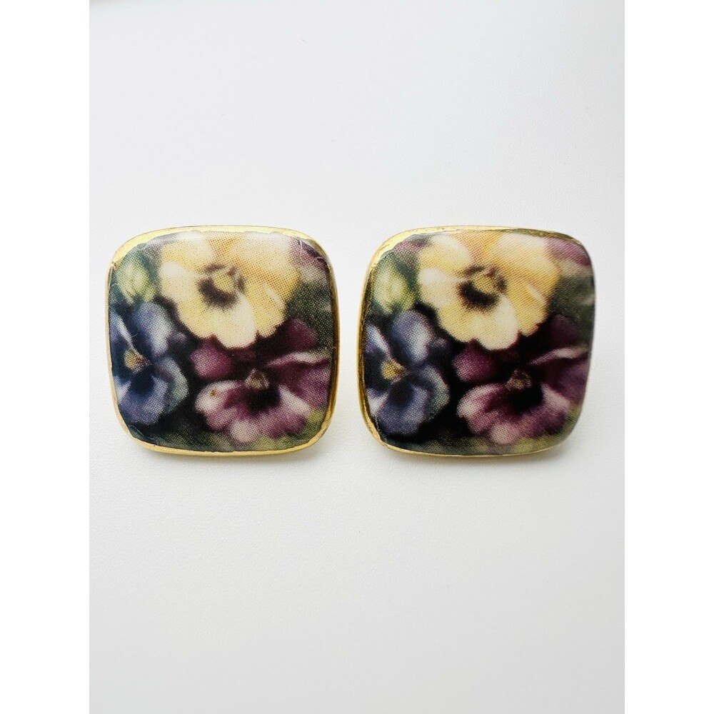 Vintage Hand painted Porcelain Flower Pierced Earrings